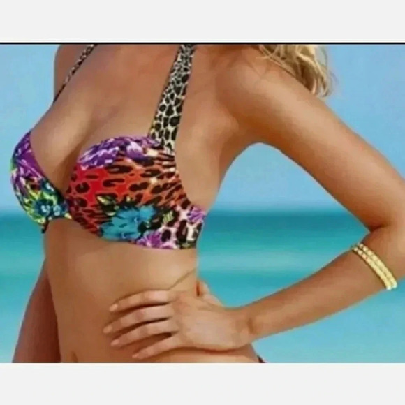 Victoria's Secret Swim BOMBSHELL 2DG Add-2-Cups BIKINI 32B Floral Leopard Top